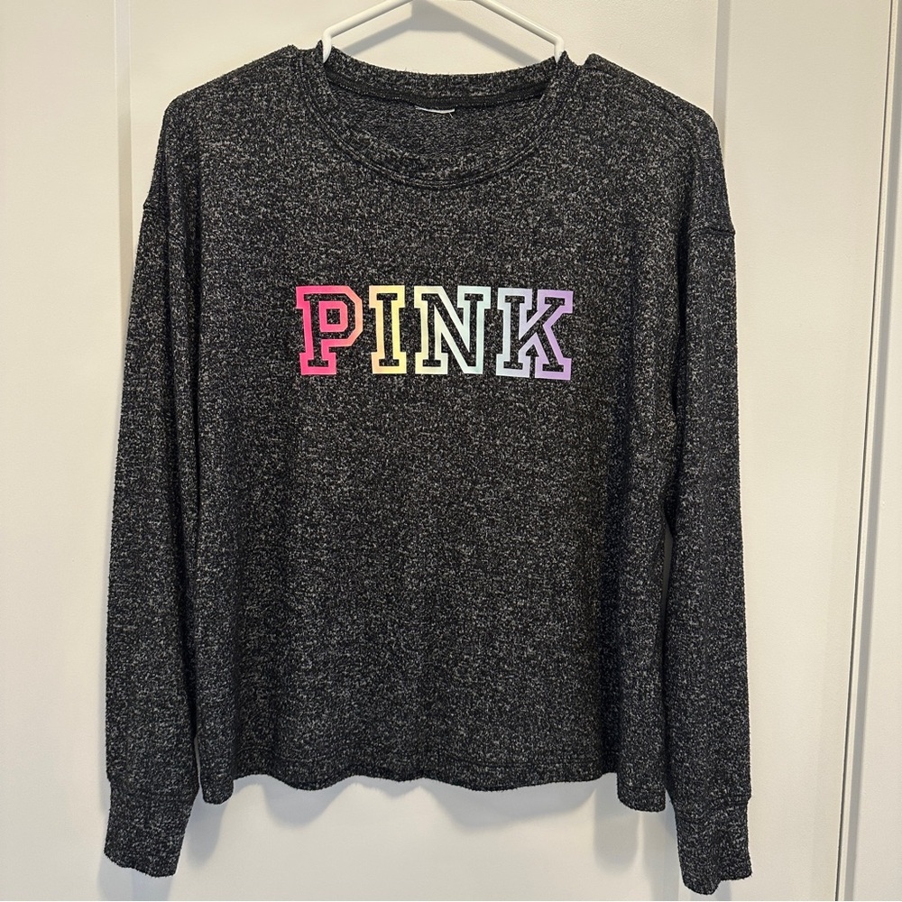 PINK Victoria’s Secret Black Heathered Long Sleeve T-shirt Neon Logo Size Small